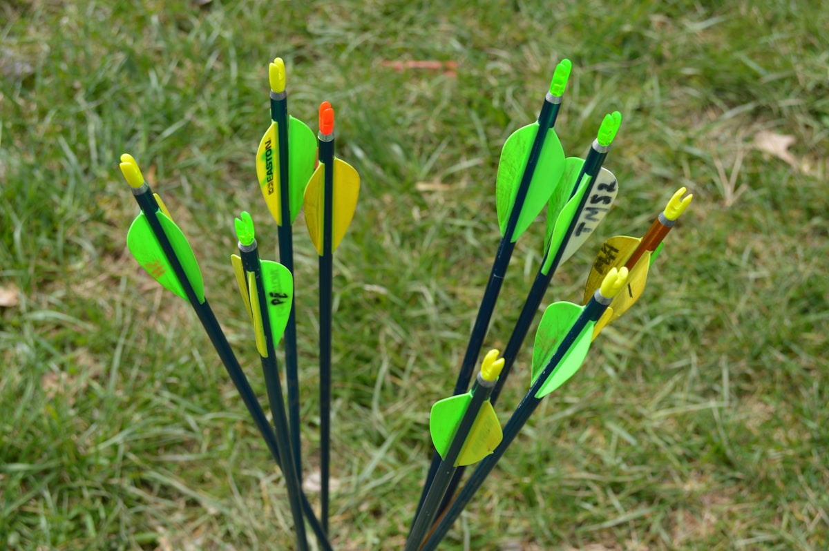 Close-up of carbon arrows used for compound bow paper tuning tests