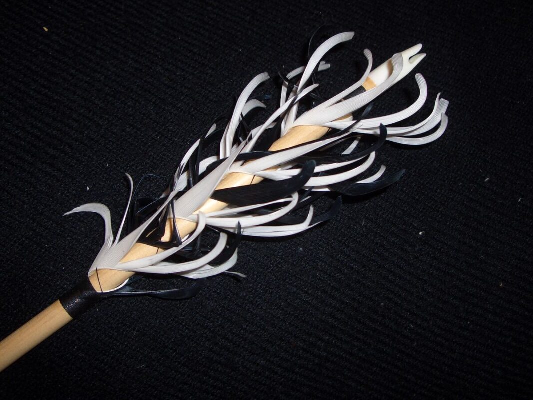 Arrow fletching guide - feather fletching close up on arrow shaft