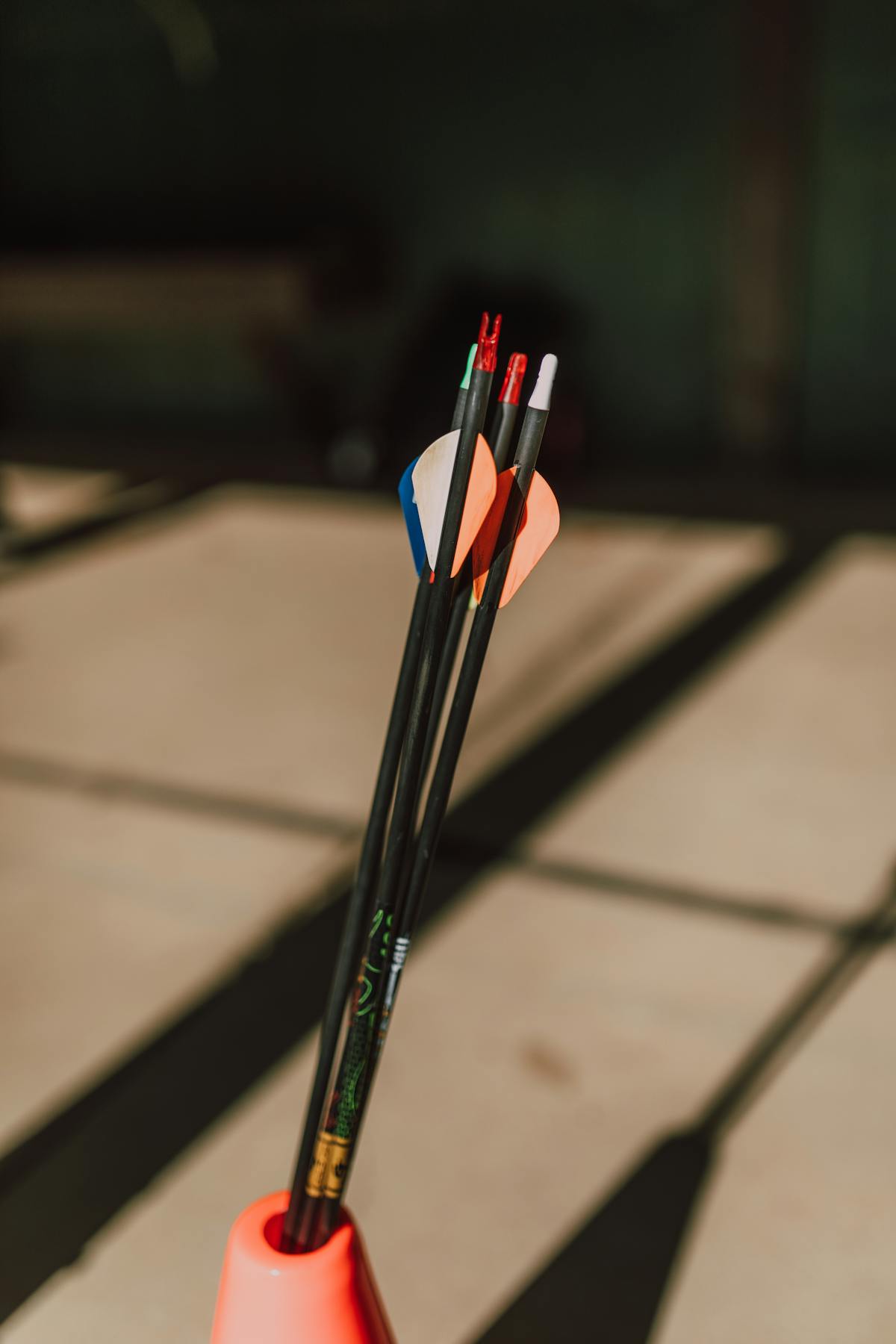 Hunting arrow fletchings and vanes in a quiver ready for compound bow shooting
