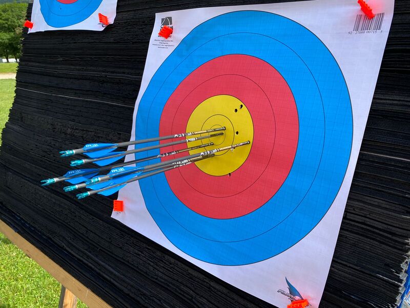Fletched arrows grouped in archery target showing accuracy