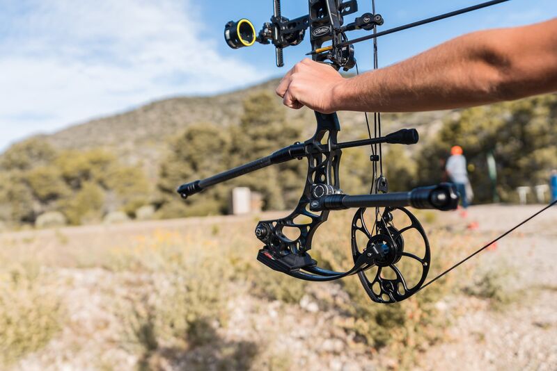 Archery stabilizer on compound bow for bowhunting