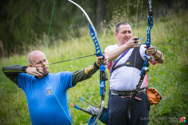 Barebow vs recurve equipment comparison showing a barebow archer at full draw