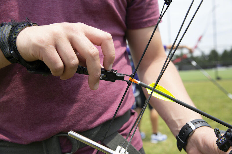 Compound bow D-loop and cam detail close-up