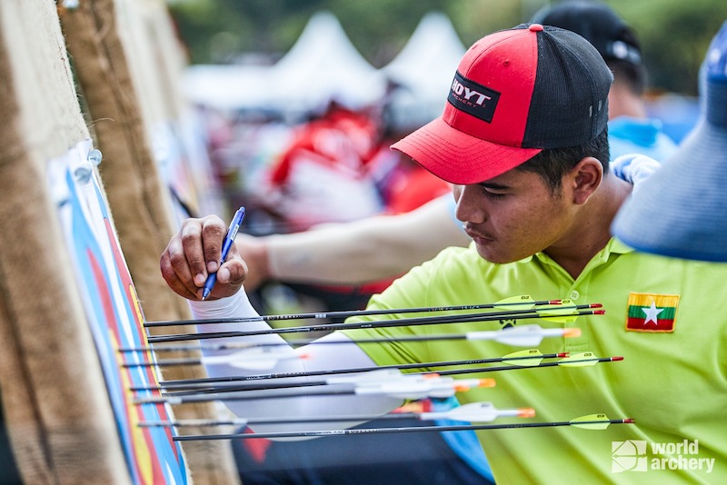Arrow nocked on recurve bowstring at the nocking point