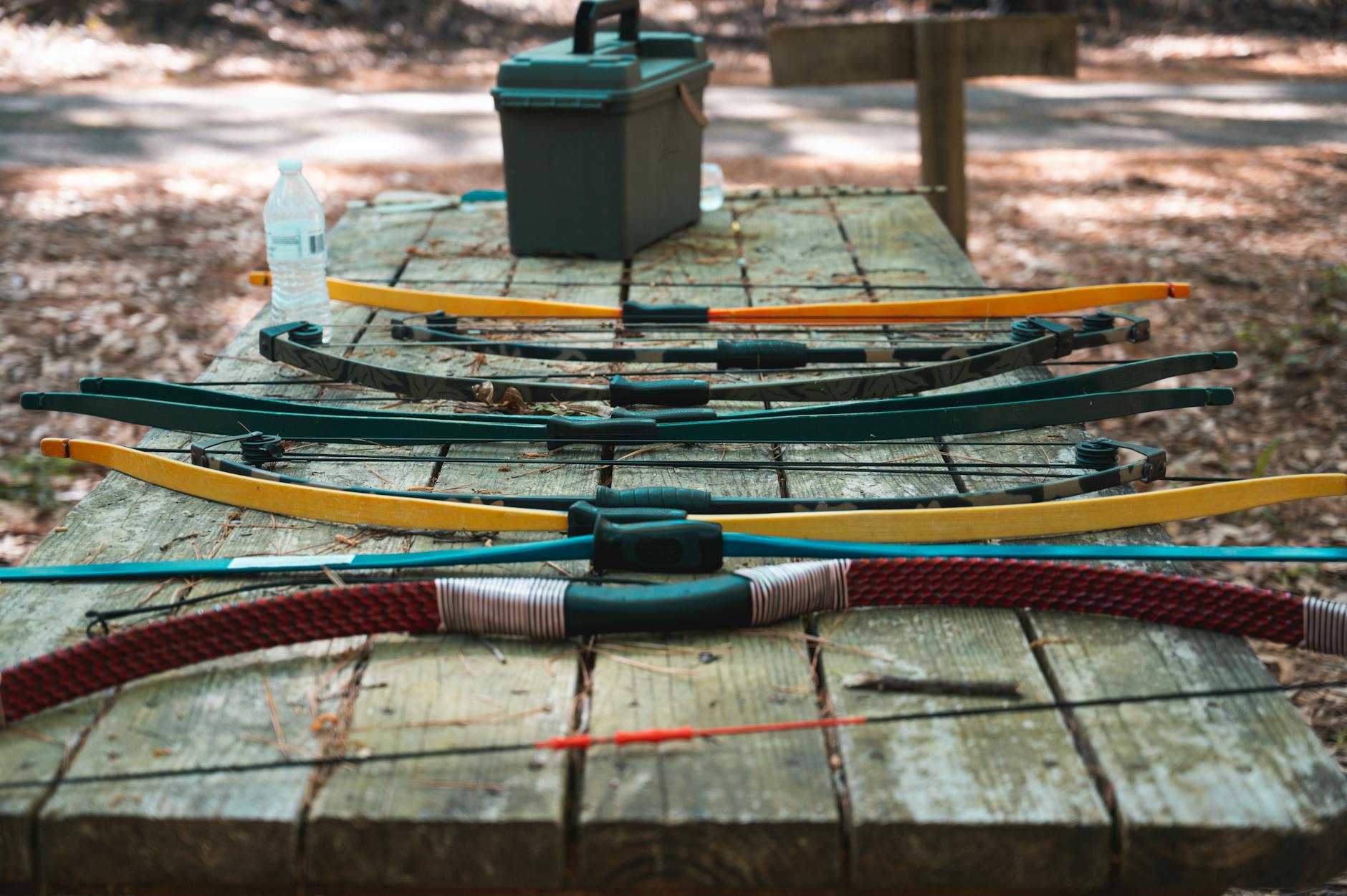 Compound bow stored upright inside a hard storage case