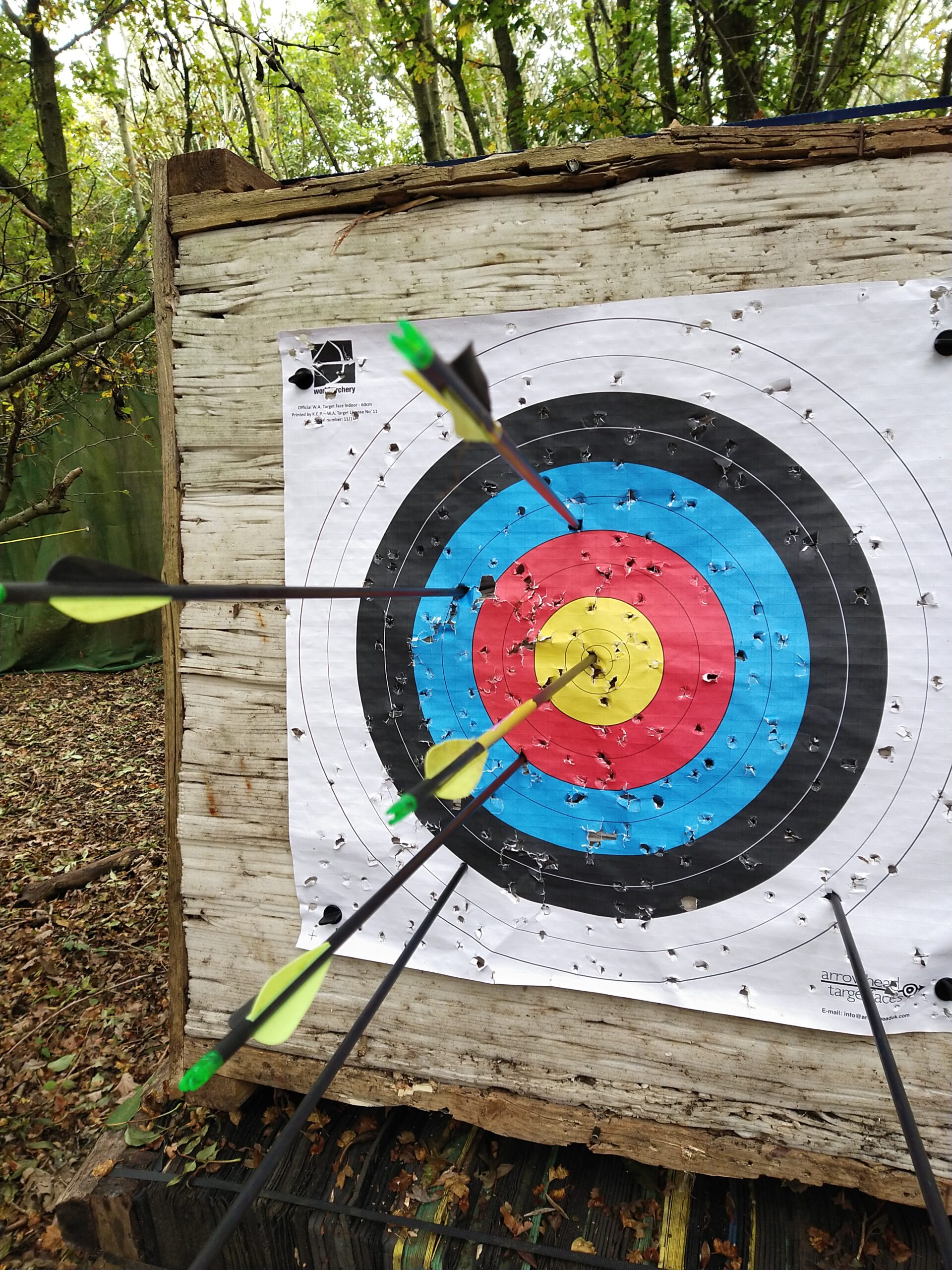 multiple arrows shot into paper archery target showing grouping