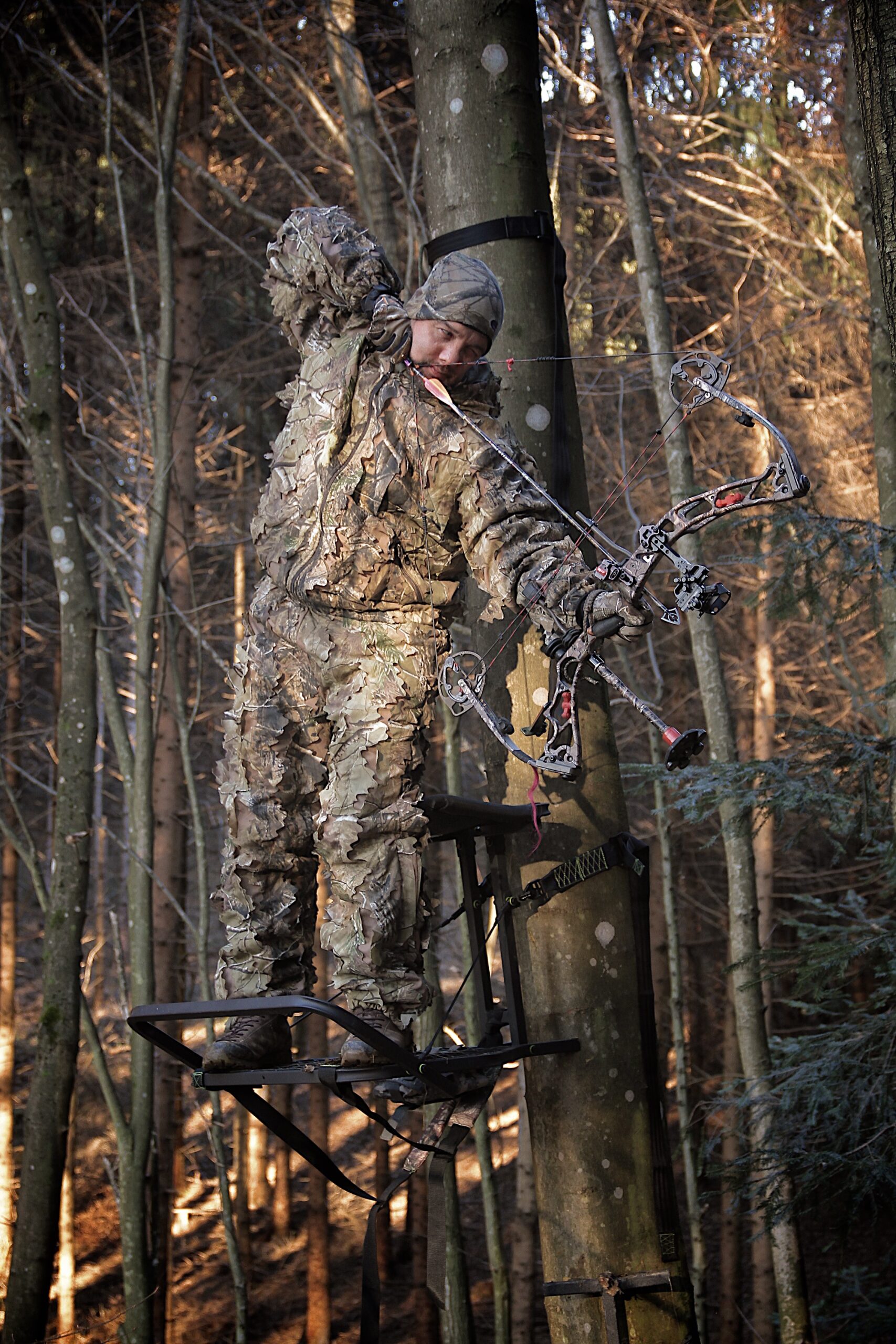 Bowhunter in tree stand with compound bow