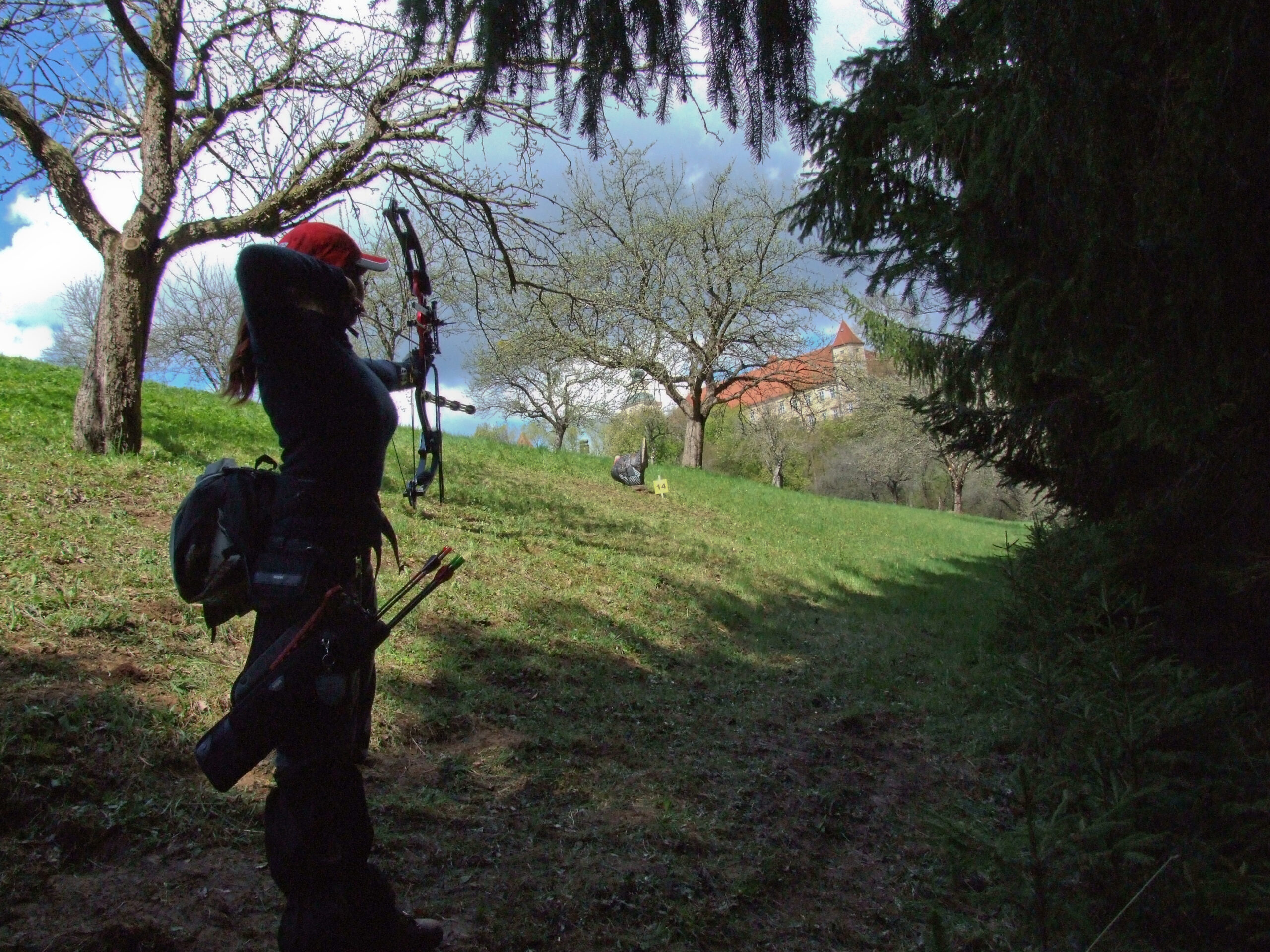 Compound bow archer shooting in 3D archery competition
