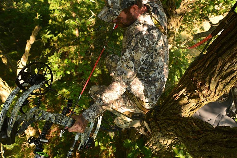 Bowhunter at full draw with compound bow in treestand using fixed vs mechanical broadheads setup