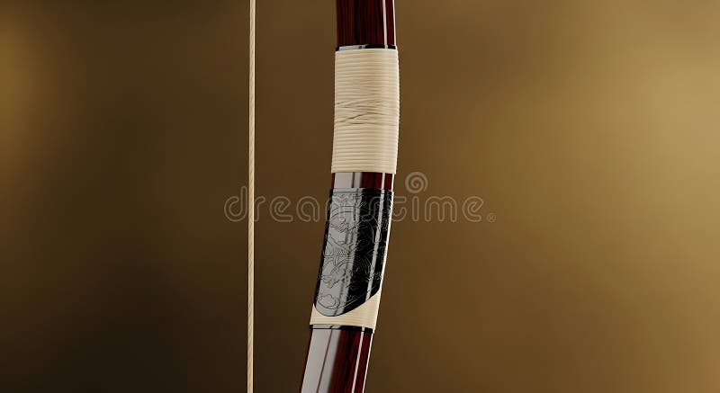 A close-up of a traditional recurve bow showcases a polished wooden body with intricate black engravings. The bow has beige w