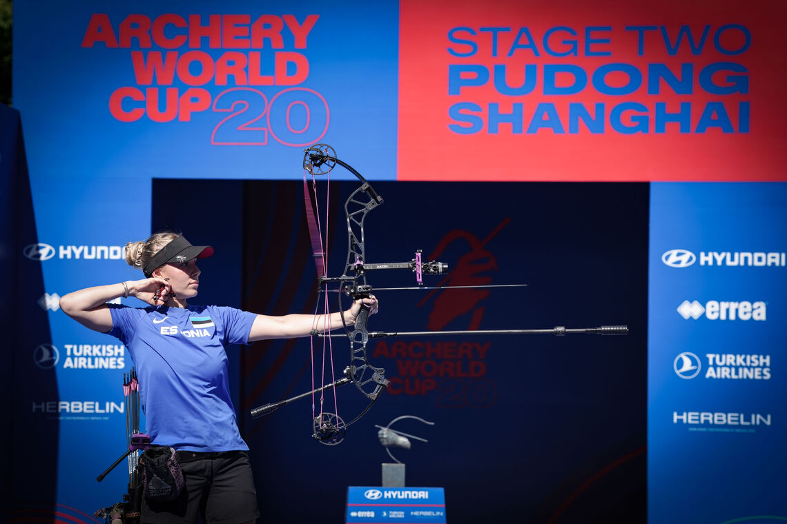 Lisell Jaatma draws compound bow during gold medal match at Shanghai 2026 Hyundai Archery World Cup
