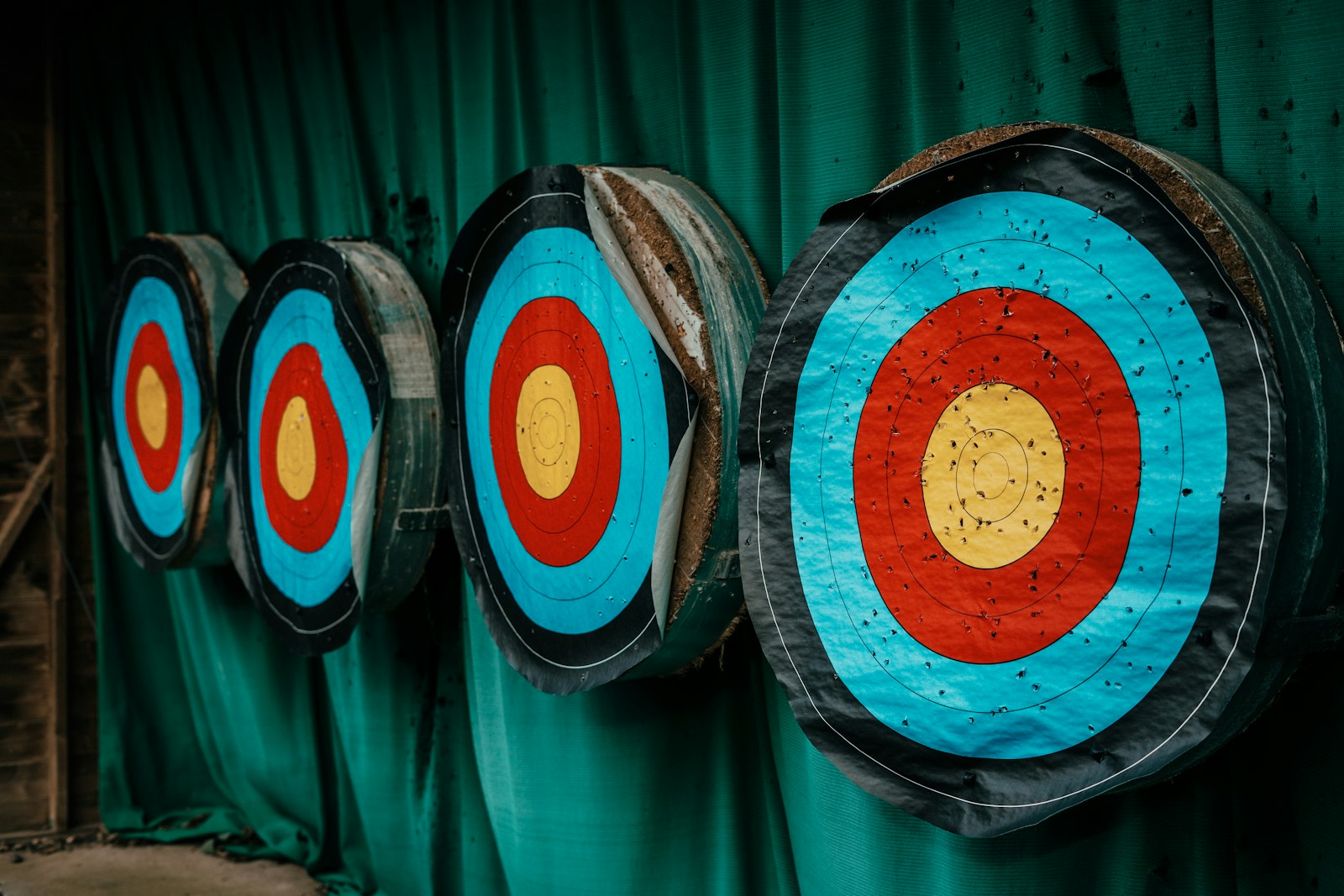 Outdoor archery target faces lined up at competition venue for ranked match