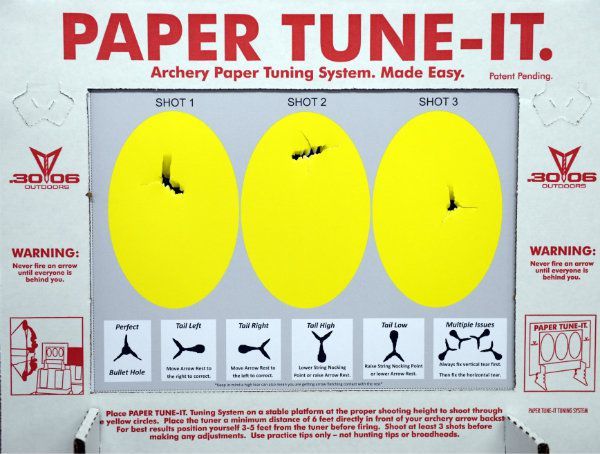 Paper tuning chart with three shots showing tear progression