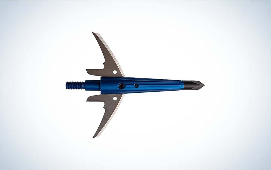 Two blade mechanical broadhead shown in the deployed open position