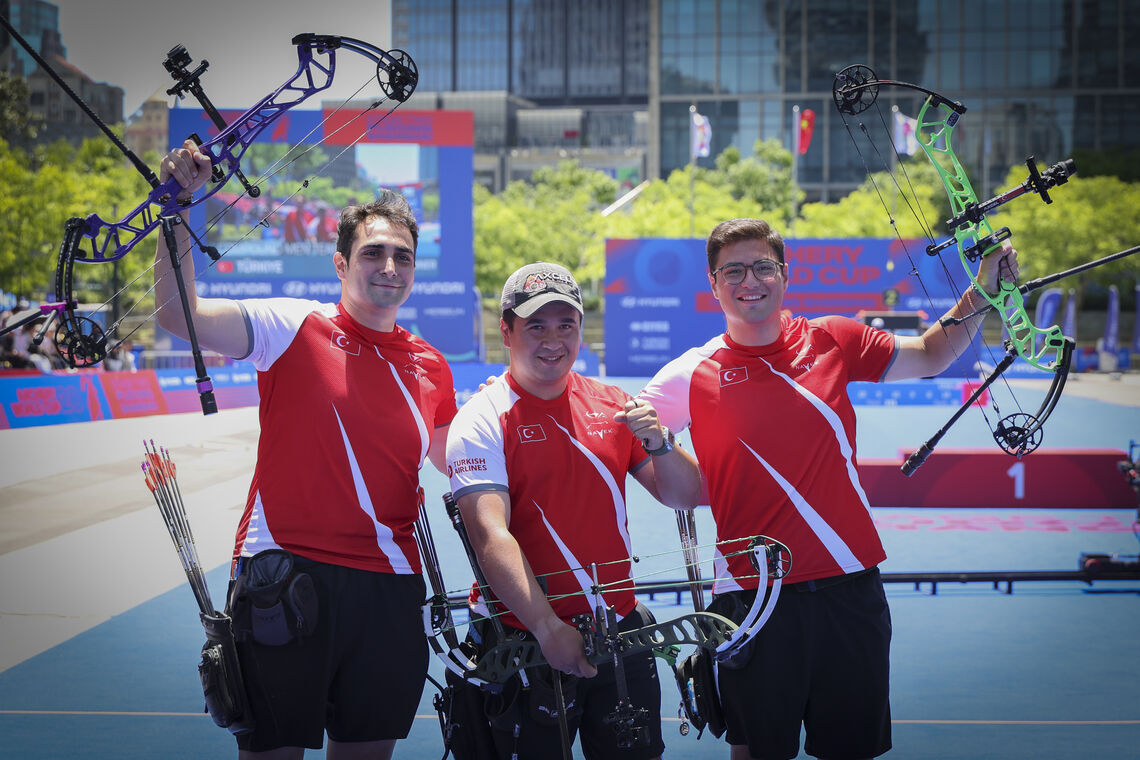 Turkiye compound archery team celebrate gold medal win over USA at Shanghai 2026 Hyundai Archery World Cup Stage 2