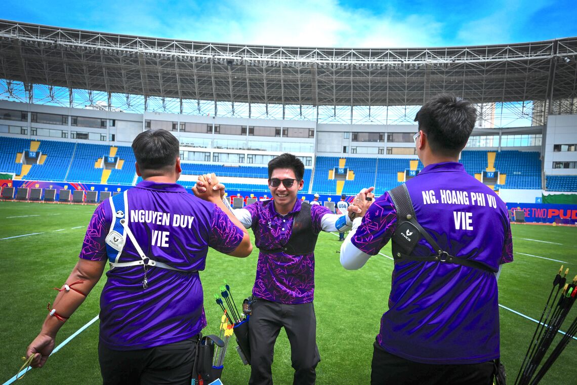 Vietnam recurve men team celebrate their first ever Hyundai Archery World Cup medal at Shanghai 2026