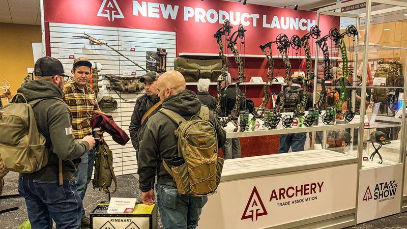 New compound bows on display at the 2026 ATA Show new product launch as the expo goes public