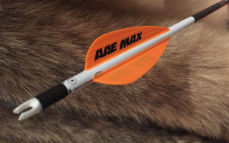 AAE Max vane fletched hunting arrow showing helical fletching for bowhunting