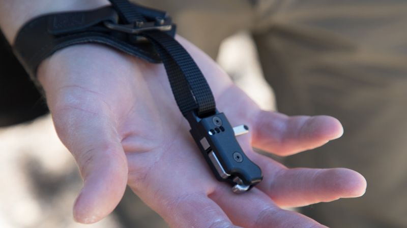 Archery release aid with adjustable nylon strap and trigger close up