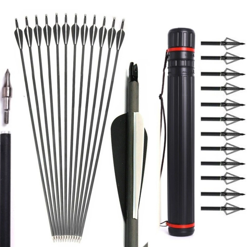 12pcs 30'' Archery Carbon Arrows Hunting Broadheads 100 grain Quiver Bow Target - Image 1 of 4
