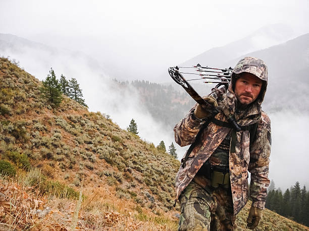 bowhunter elk hunting in mountains - elk hunting stock pictures, royalty-free photos & images