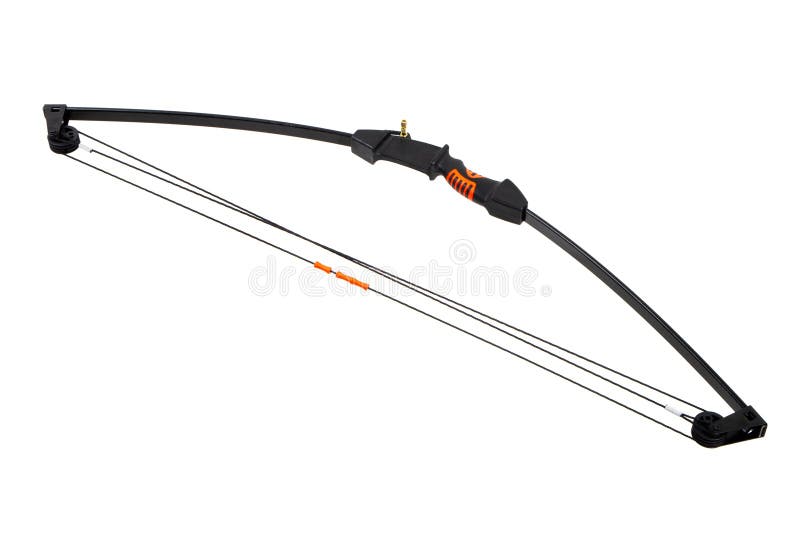 Modern compound bow without arrow, black and orange grip, isolated on white background. Recurve bow illustrations