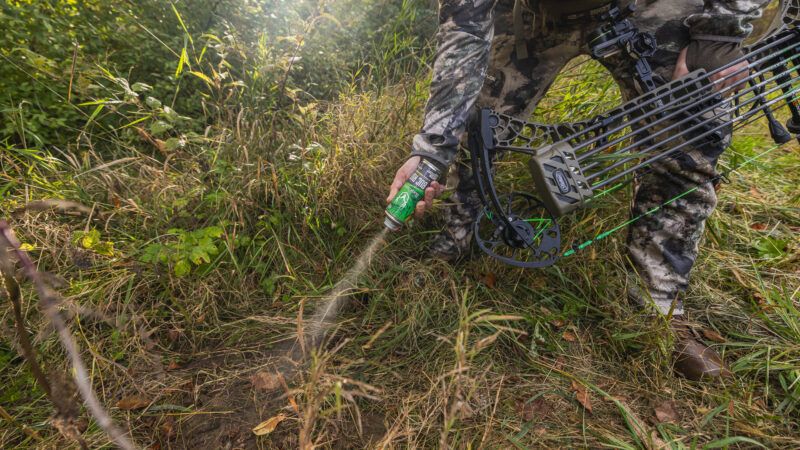 Bowhunter setting up a mock scrape near a deer trail