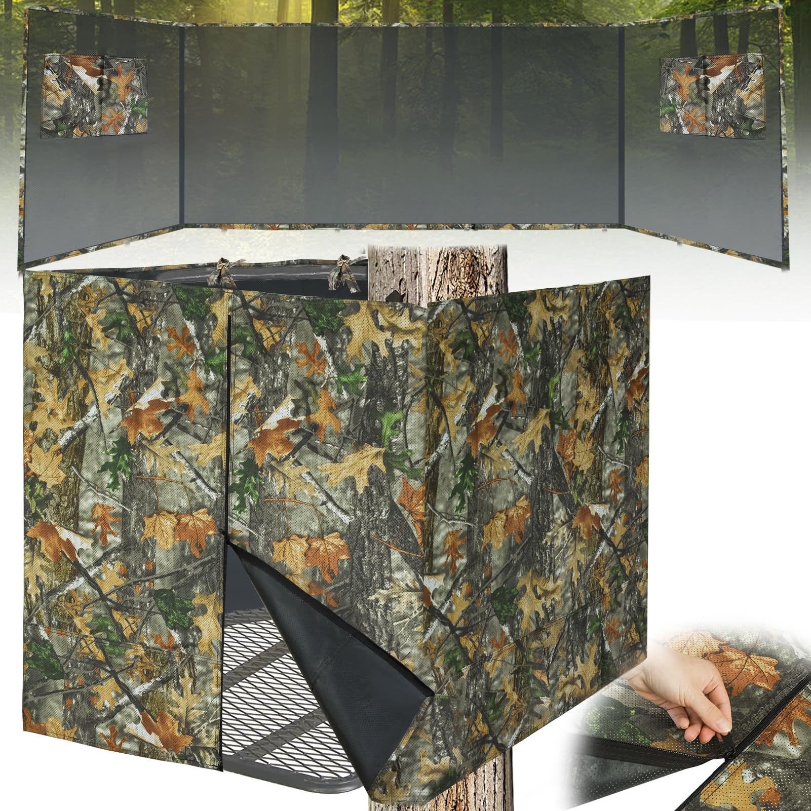 Hunting Tree Stand Blind, Ladder Stand Blind Kit for 2 Man Camo Treestand Blinds Cover with Zipper Storage Pocket Tree Sta...