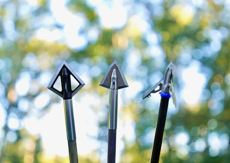 Three different broadhead types displayed for bowhunting comparison