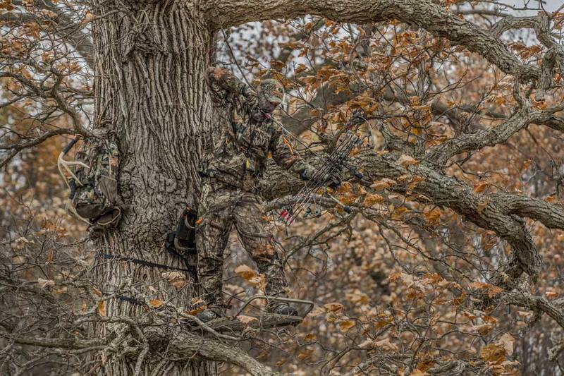 Bowhunter climbing into a treestand for fall bowhunting