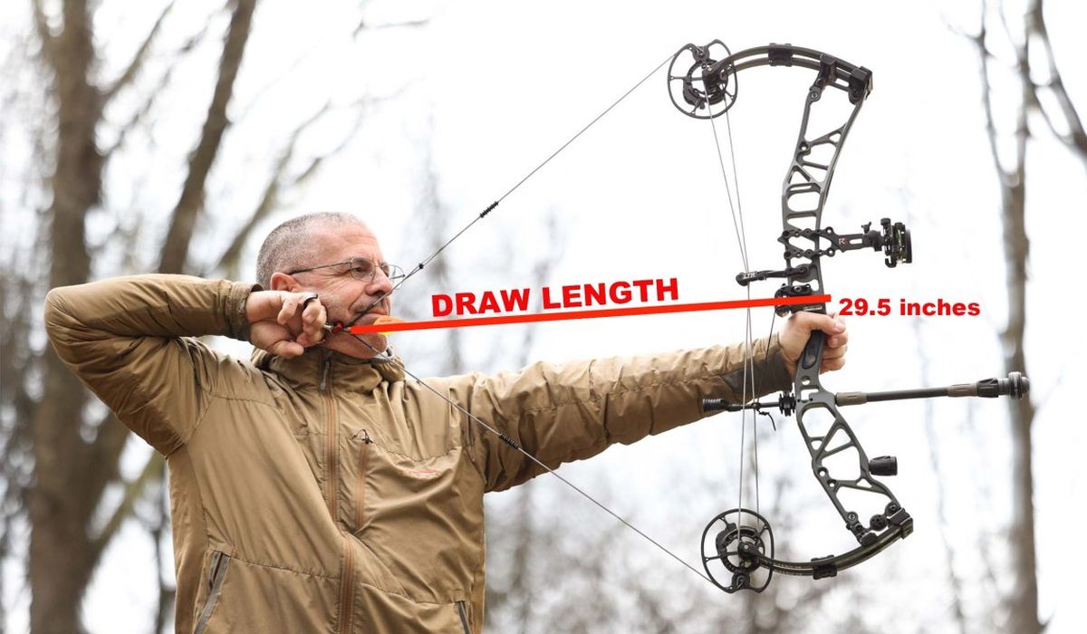 Compound bow draw length measured at full draw with 29.5 inch annotation