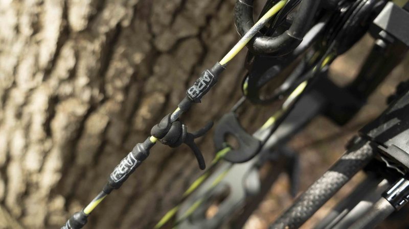 Rubber string silencers installed on compound bow cables to make the bow quieter