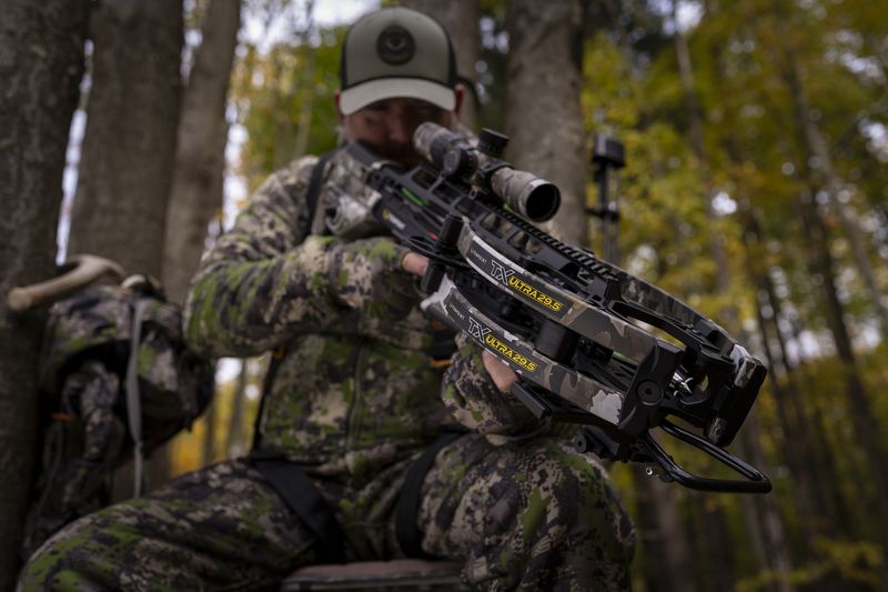 Crossbow hunter in tree stand during open archery season