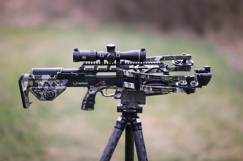 TenPoint TRX 515 crossbow on tripod showing crossbow vs compound bow speed difference