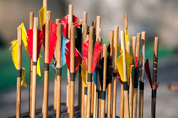 Colorful bow arrows closeup sticking in wood Colored arrows waiting to get shot at the target bow arrow target closeup stock