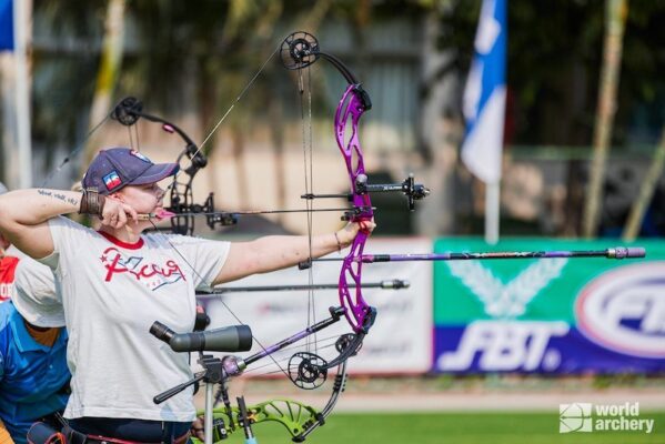 Compound bow archer at full draw showing arrow rest setup