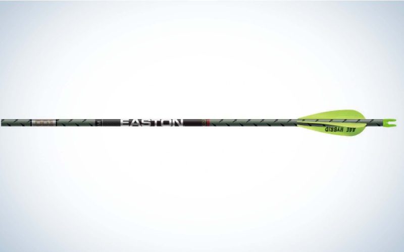 Fletched carbon arrow showing nock to point measurement for arrow length