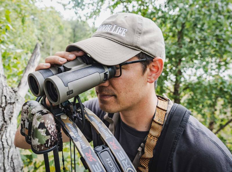Bowhunter glassing for deer from a treestand