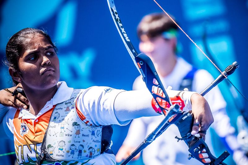 Kumkum Anil Mohod of India at full draw during the recurve mixed team final at Antalya 2026
