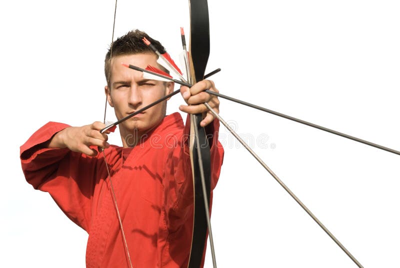 Young archer concentrating and aiming, frontal view, can be associated with concepts of excellence,, self-control, winning, e