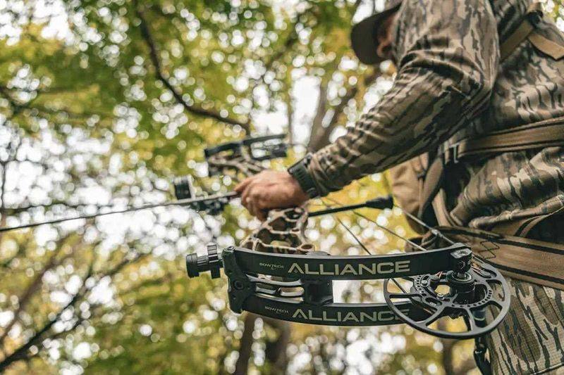 New 2026 compound bow, the Bowtech Alliance, shouldered in a treestand