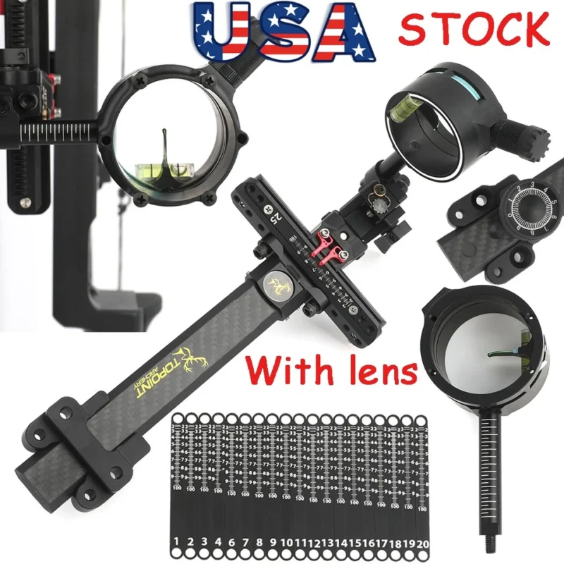 Compound Bow Sight 1Pin Carbon 0.019" 4X 6X 8X Lens Micro Fiber Adjustable Hunt - Image 1 of 4