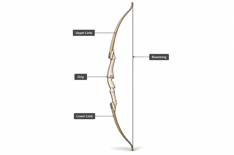 Traditional bow anatomy showing the upper limb, grip, lower limb, and bowstring in a recurve vs longbow comparison