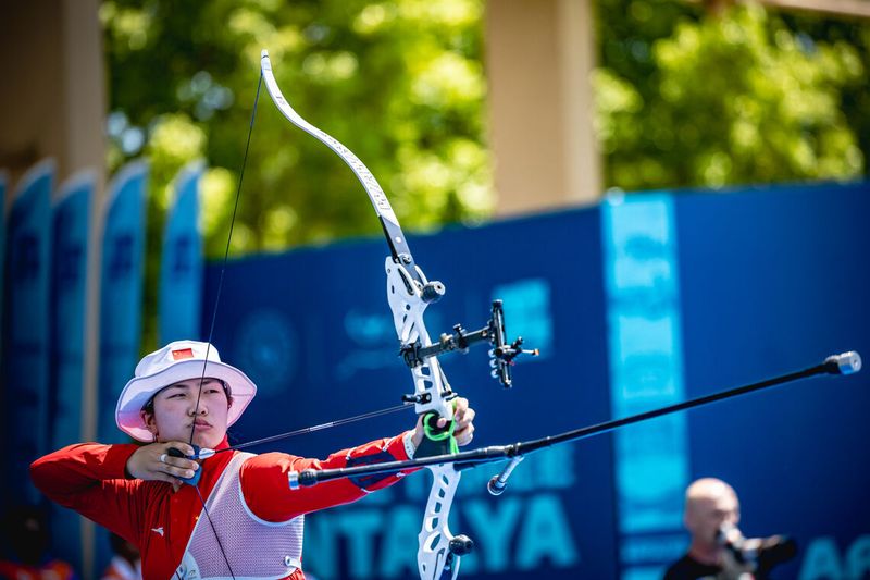Zhu Jingyi of China at full draw during the Antalya 2026 recurve women final