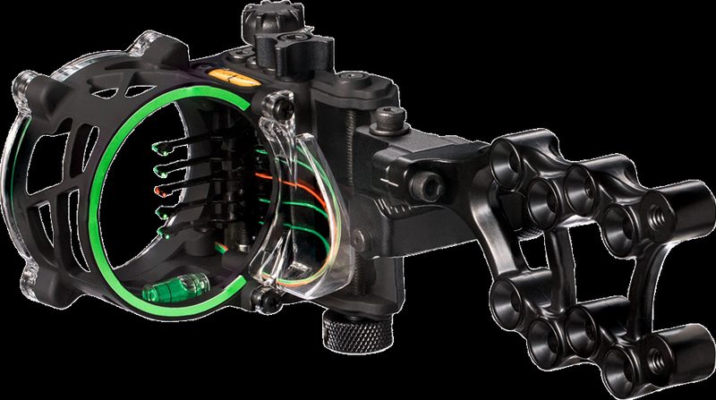 Five-pin compound bow sight with fiber optic pins mounted on a dovetail