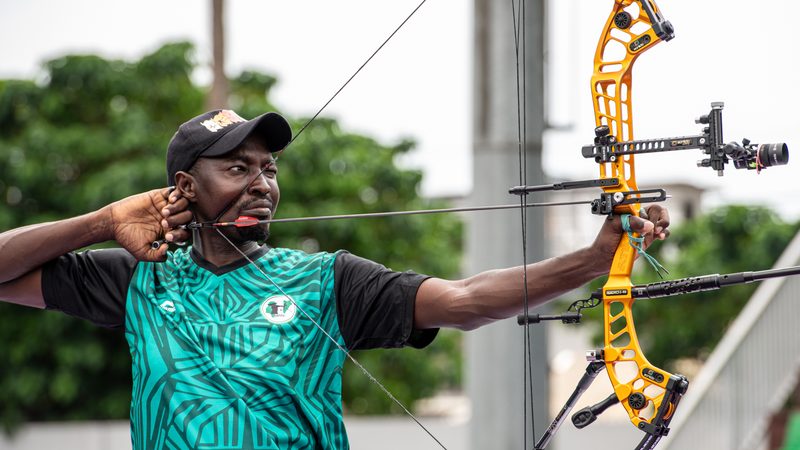 African compound archer at full draw ahead of the 2026 African Archery Championships in Oran