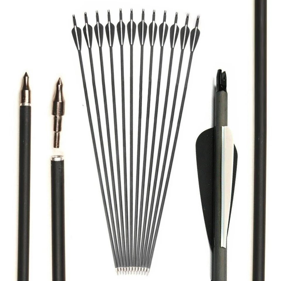 12pcs 30'' Archery Carbon Arrows Hunting Broadheads 100 grain Quiver Bow Target - Image 2 of 4