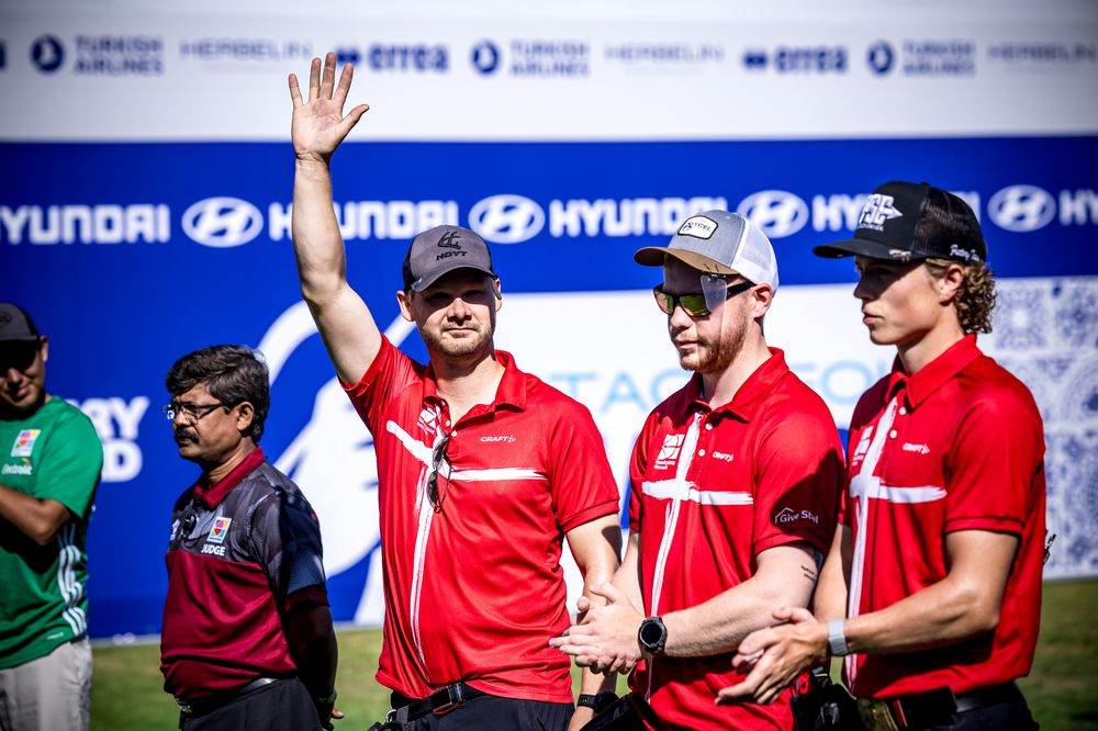 Denmark compound men team on the podium at the Madrid 2026 Archery World Cup