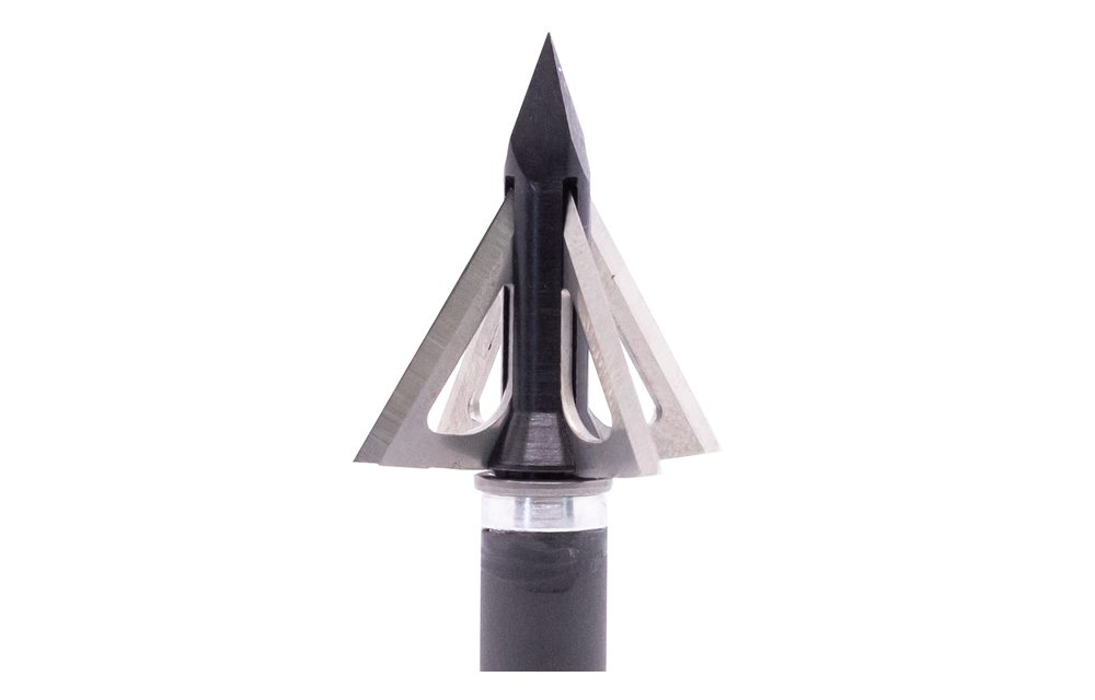 Fixed-blade broadhead ferrule and replaceable blades shown close up