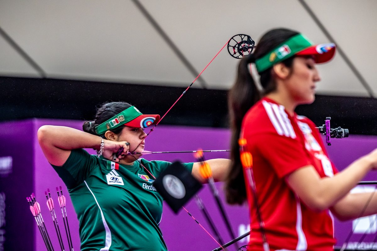 Andrea Becerra shooting a compound bow for Mexico at the Archery World Cup